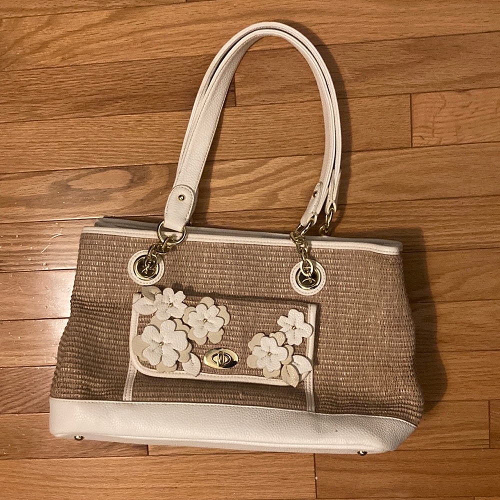 Liz Claiborne straw and white leather bag with gold hardware